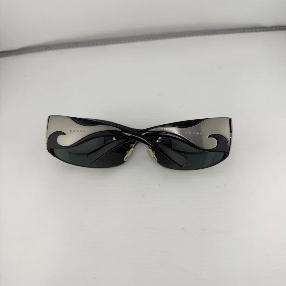 Prada Black Spr51g Shield Sunglasses with Silver Swirl Detail - Picture 11 of 13